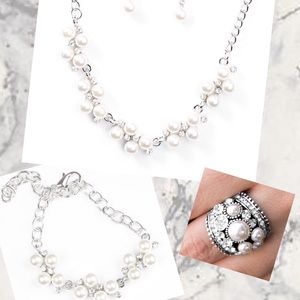 Pearl White Rhinestone Bracelet Necklace Ring Set